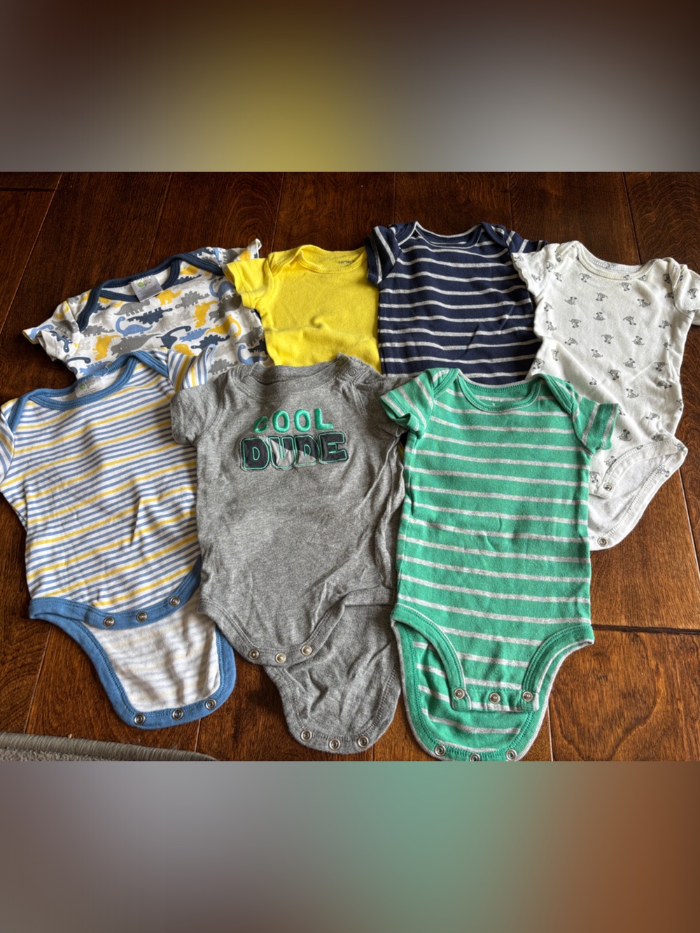 Lot of 7 Baby Bodysuit Bundle - Multicolor Stripes & Dino Prints